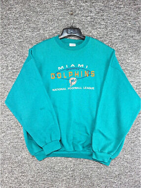 Vintage Logo 7 Miami Dolphins NFL Heavy Weight Crewneck Sweatshirt Mens XXL Teal